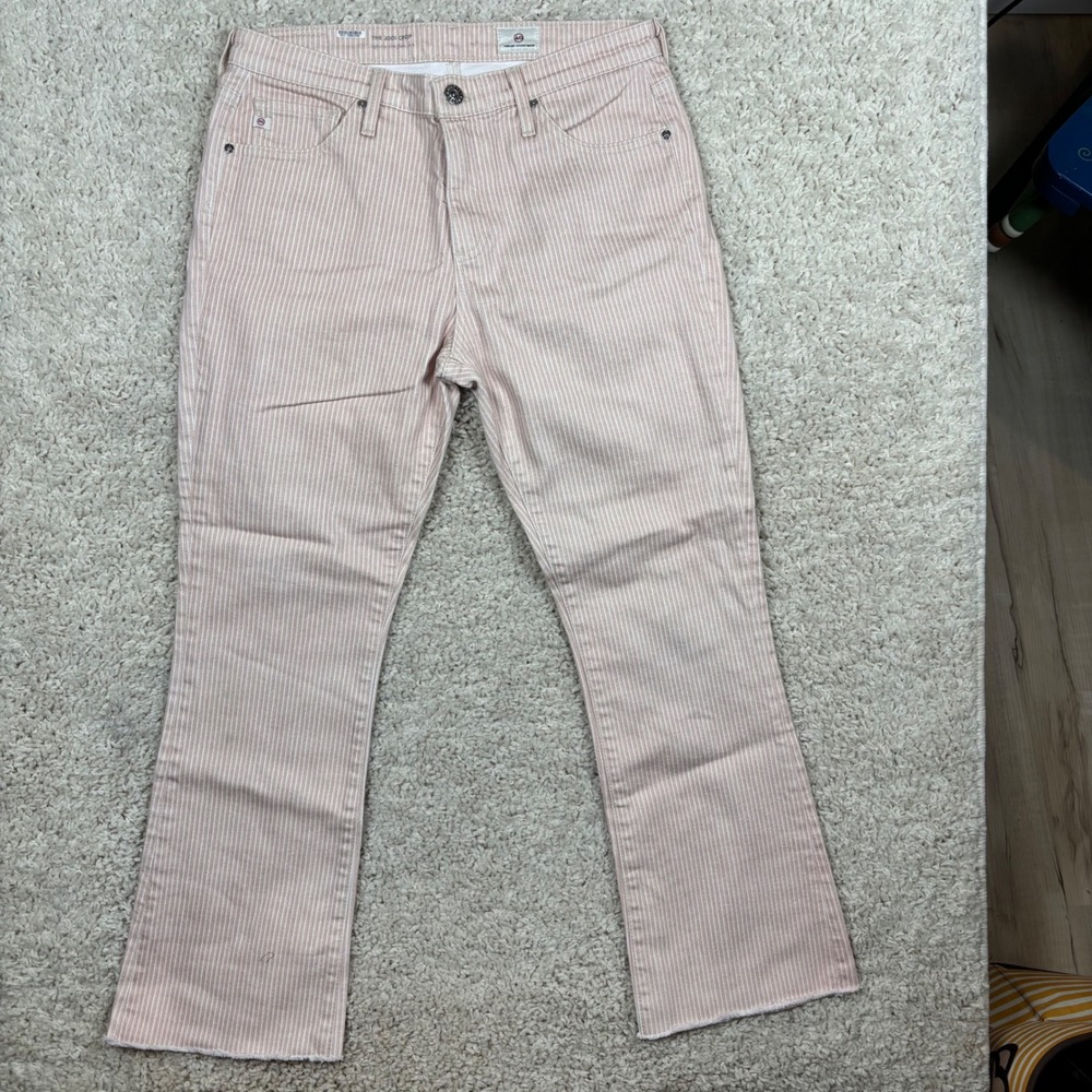 AG Adriano Goldschmied The Jodi Crop Pink‎ White Stripe Flare Jeans Raw Hem 28R